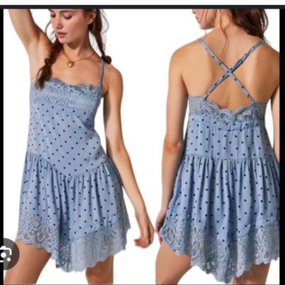 Free People Intimately Blue Lace Polka Dot Last Summer Slip Gown Dress Satin Med